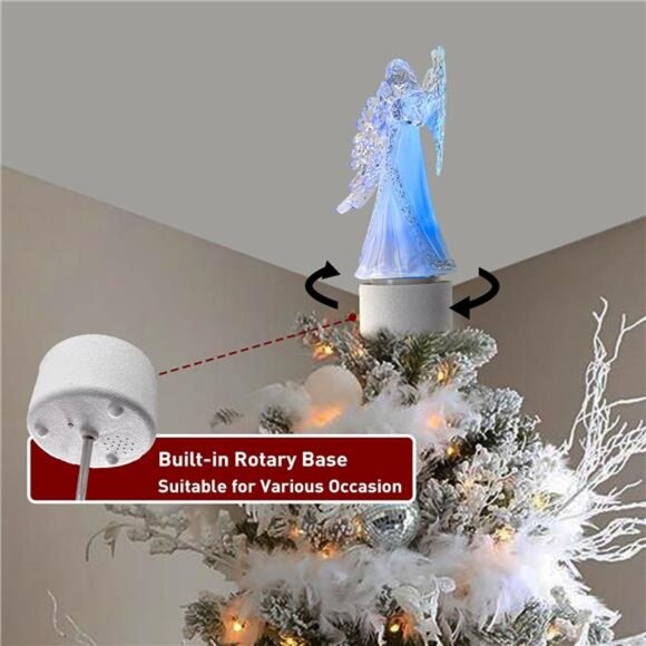 14" Lighted Christmas Angel Tree Topper - Rotary with Sequin Wings & RGB Lights - Picture 6 of 7